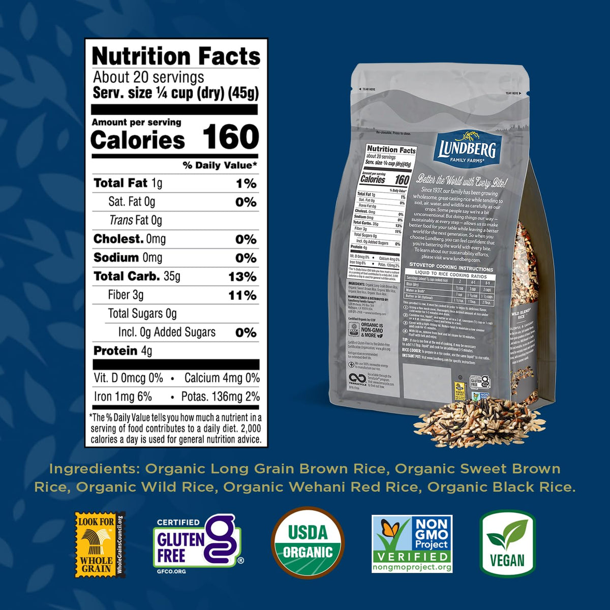 Lundberg Regenerative Organic Certified Wild Blend Rice – Brown, Red & Black Varieties, 32 Oz