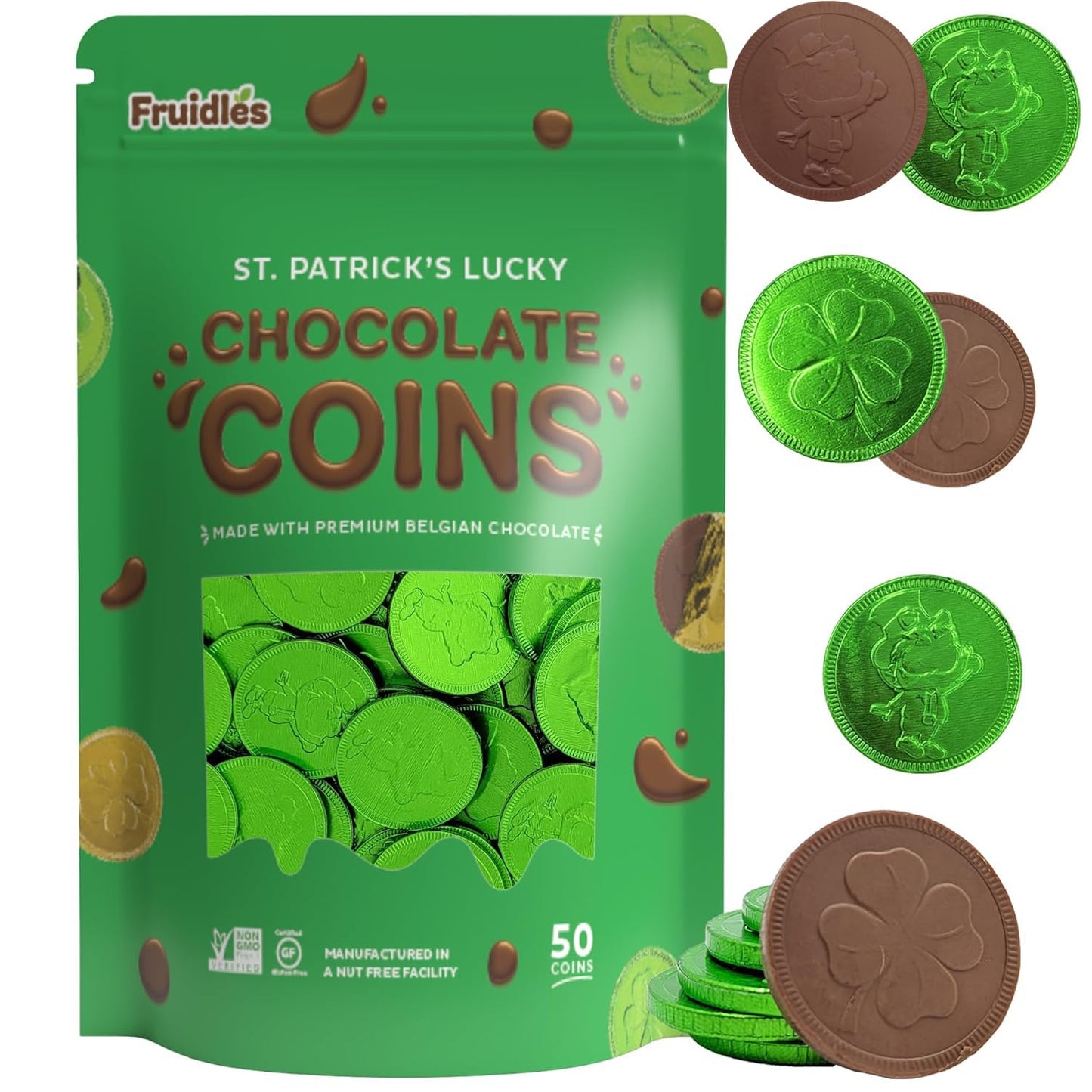 Fruidles Chocolate Green Coins - 50 Pack, Premium Belgian Milk Chocolate, Nut-Free, Kosher, St. Patricks Day Shamrock Leprechaun Treats