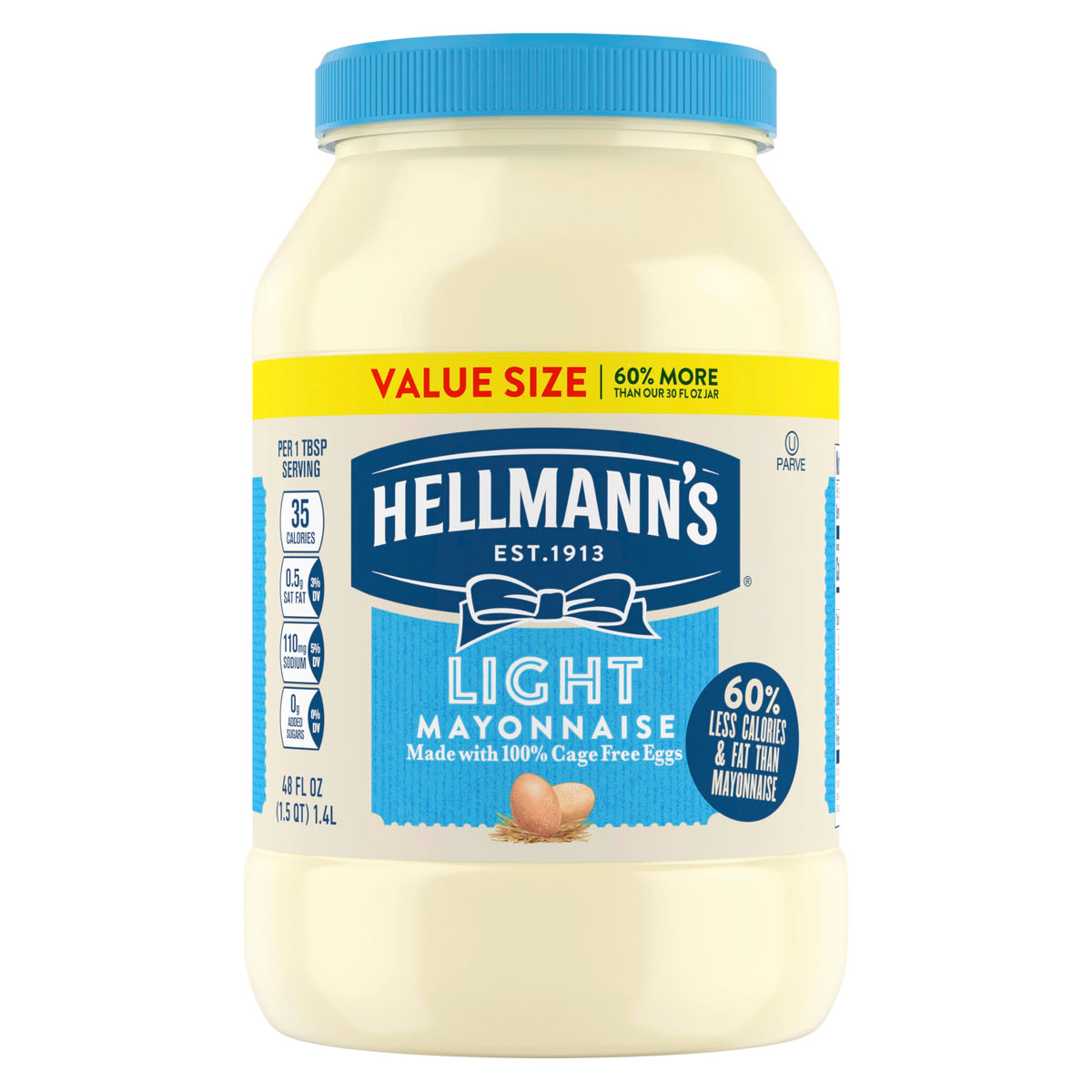 Hellmanns Creamy Light Mayonnaise, Made with Cage Free Eggs, 48 FL oz, Model 0004800100718