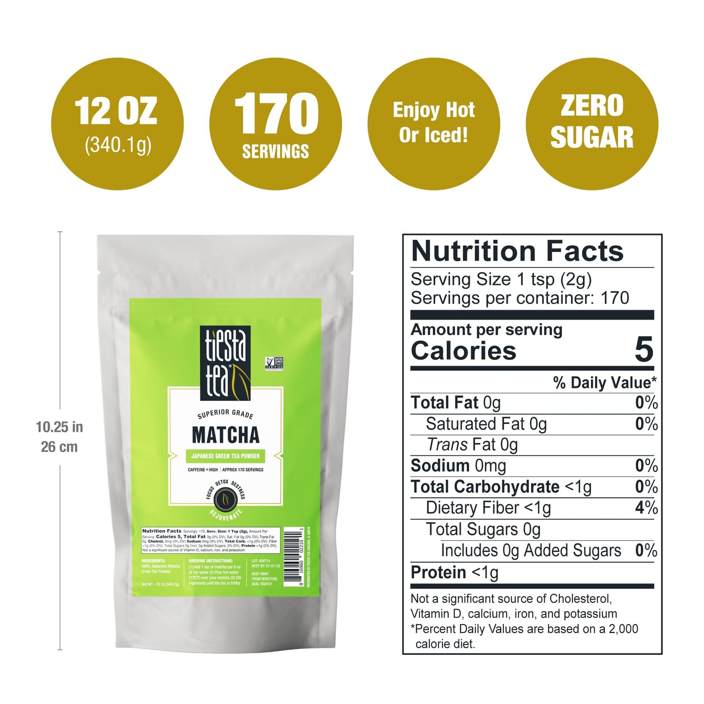 Tiesta Tea Superior Green Tea Powder - Japanese Matcha Tea Powder  High Caffeine  L-Theanine  Antioxidants  Detox  Boost Metabolism  Energy Booster  Hot & Iced - 170 Cups - 12oz Bag