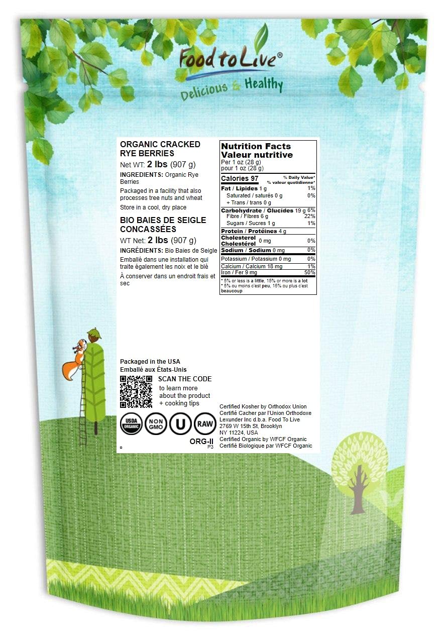 Food To Live Organic Cracked Rye Berries, 2 Pounds - Non-Gmo. Crushed & Sifted Groats. Raw, Vegan, Kosher, Bulk. Broken Whole Grain, Great For Cereal & Porridge. Good Source Of Fiber & Protein