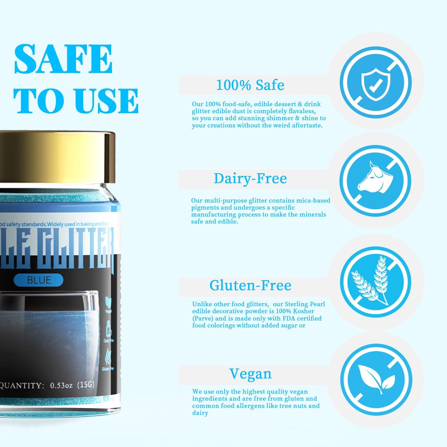 LOCDO Edible Glitter, Luster Dust for Drinks & Food, Vegan, Allergen-Free, Large 15G, Blue