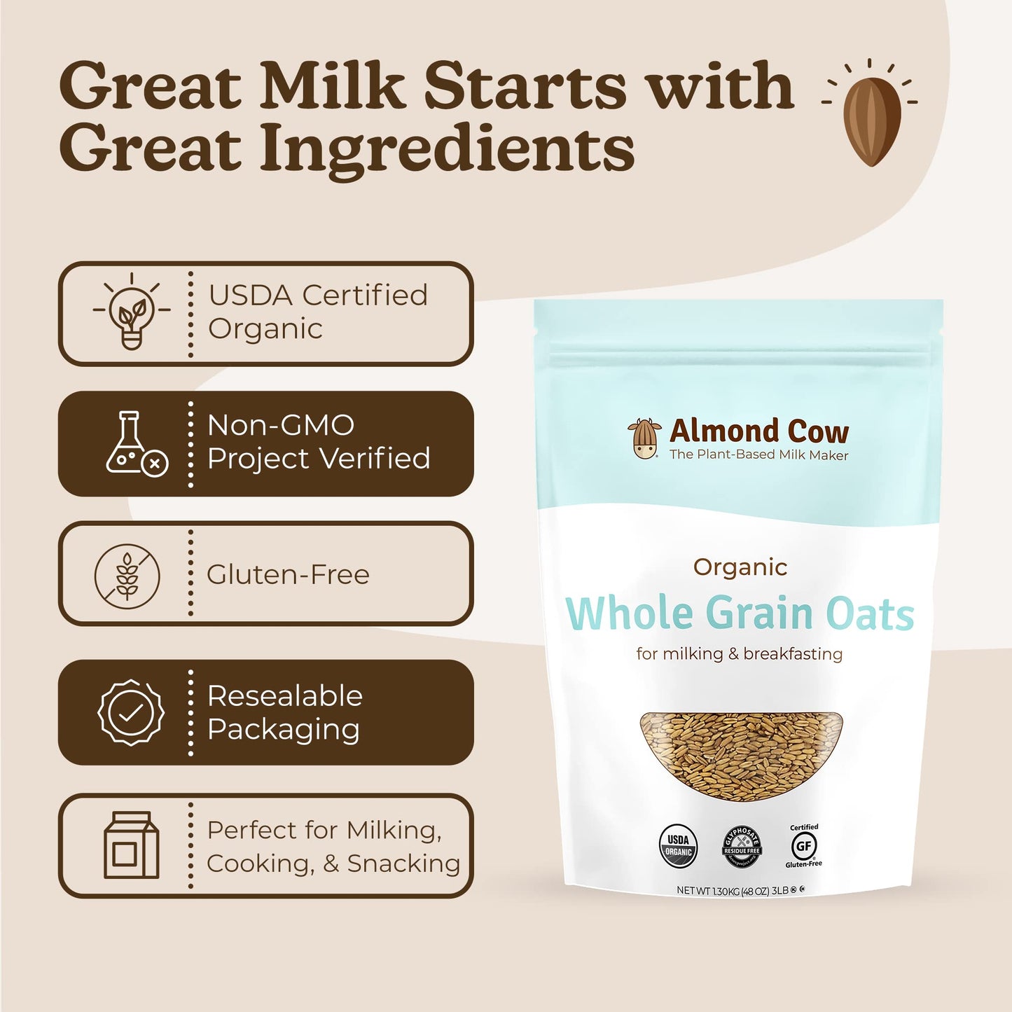 Almond Cow - Organic Whole Grain Oats, Natural Organic Oatmeal Breakfast Foods, Unsweetened Oatmeal Bulk for Plant Based Milk Ma