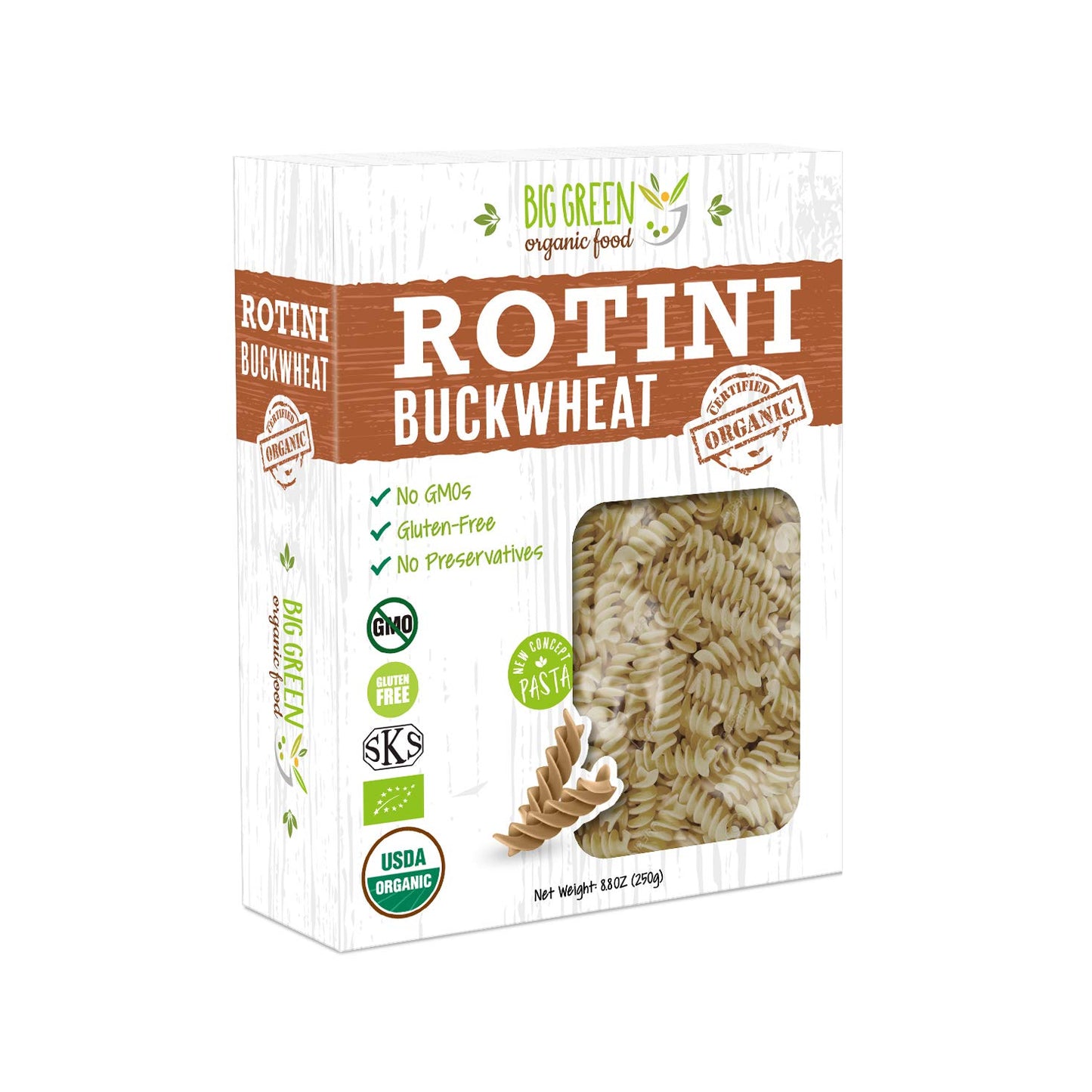 Big Green Organic Food- Organic Buckwheat Rotini, 8.8oz, Gluten-Free, Non-GMO, Vegan (12)
