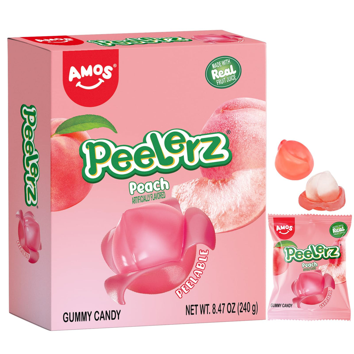 Amos Gummy Peach Candy, Peelable Fruit-Shaped Snack, 8.47oz Box with 10 Packs