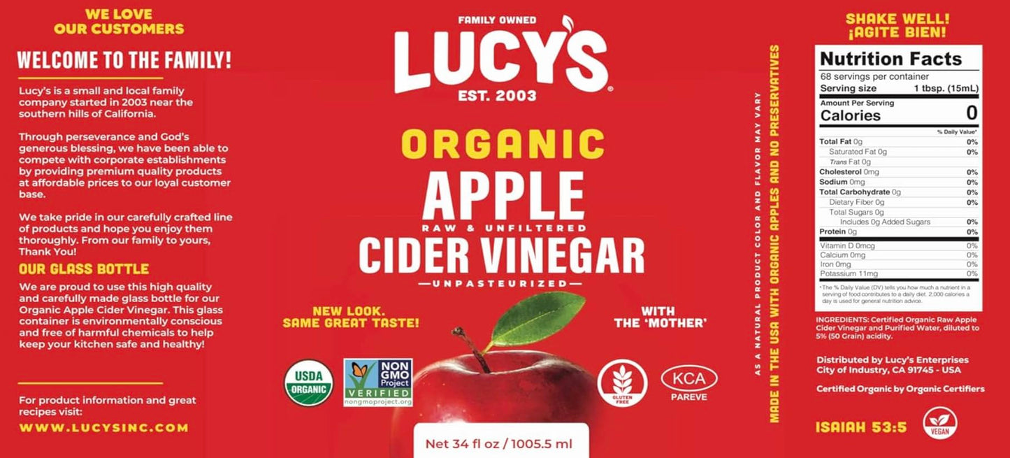 Lucys Organic Raw Apple Cider Vinegar, Unfiltered, 34oz Glass Bottle