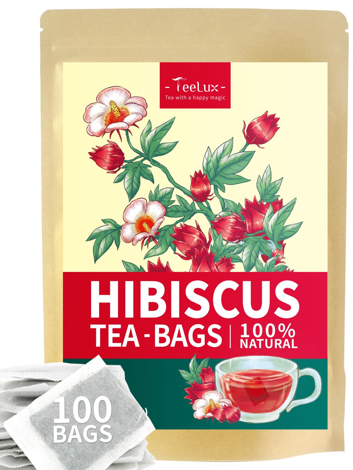 Teelux Hibiscus Tea Bags  Top-Grade Natural Hibiscus Flowers Tea  Energy Blend Free  Refreshing Tart Flavor  100 Count