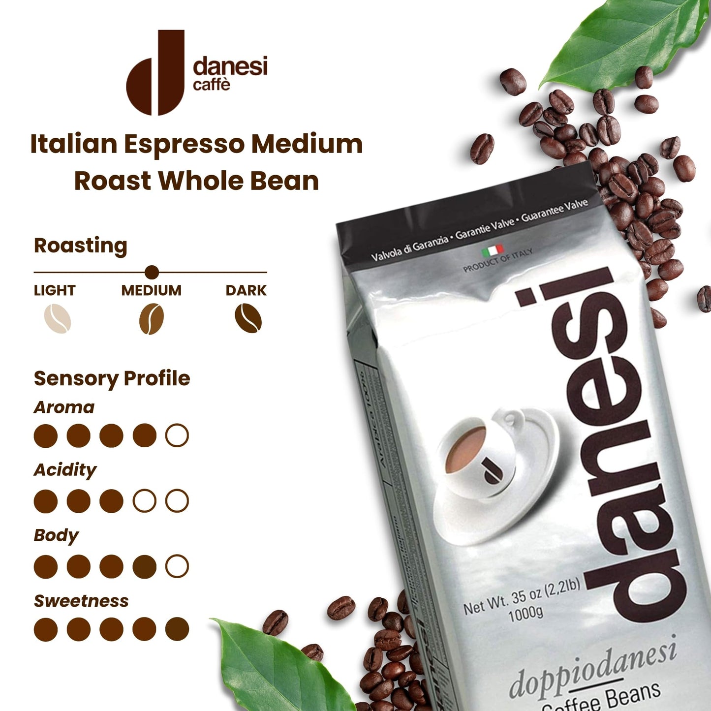 D DANESI CAFFÈ Espresso Coffee Beans - Medium Roast Whole Bean - 2.2 lb - Model 8000 1350 13960