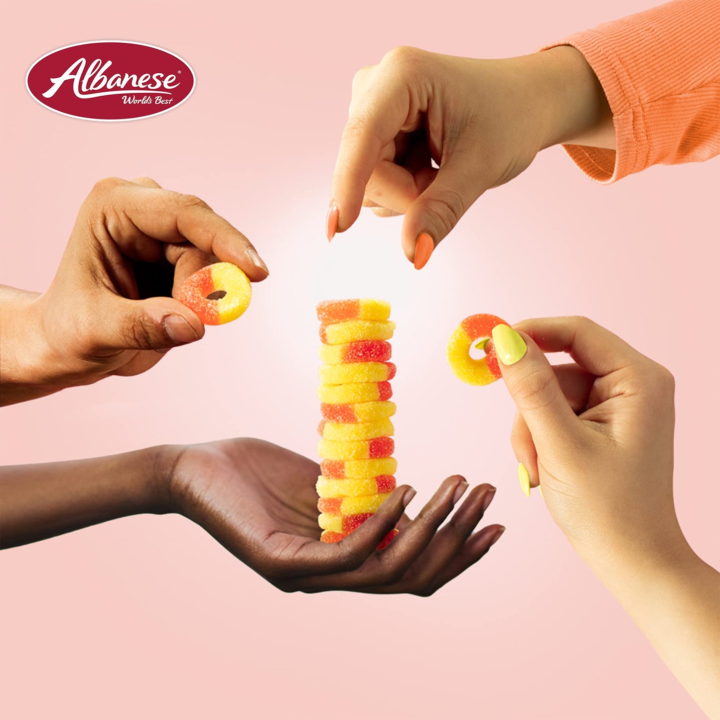 Albanese World's Best Gummi Peach Rings, 7oz Bag of Candy (Pack of 12), Individually Wrapped Soft & Chewy Candy Snacks