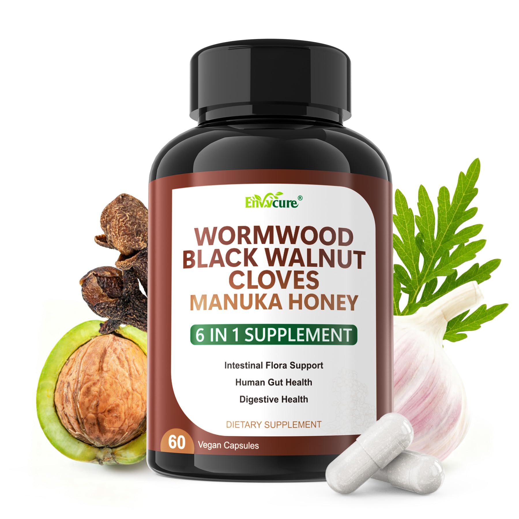 Envysupports Wellness 6-In-1 Wormwood Black Walnut Clove Units | Rapid Gut Cleanse & Digestive Health | Cleanse  Detox  Intestinal Guard Formula Dietary Support For Humans  Vegan  60 Counts