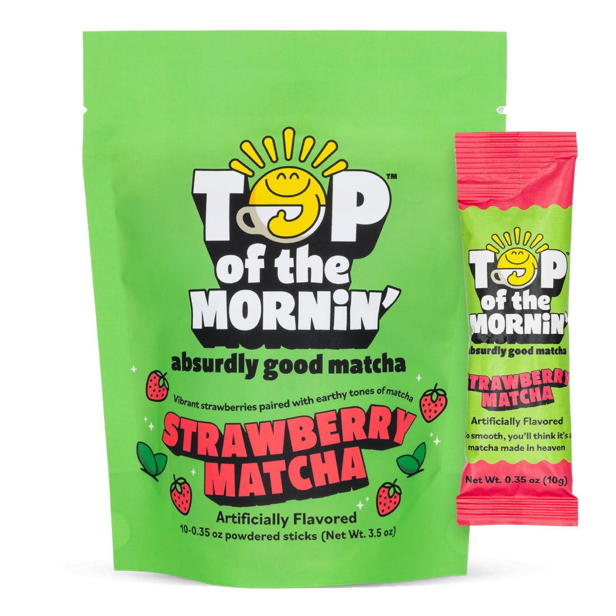 Top of the Mornin' Green Tea Matcha Latte, 10 Individual Packets of Flavored Matcha, Enjoy Hot or Cold, Single Serve Mix (Strawb