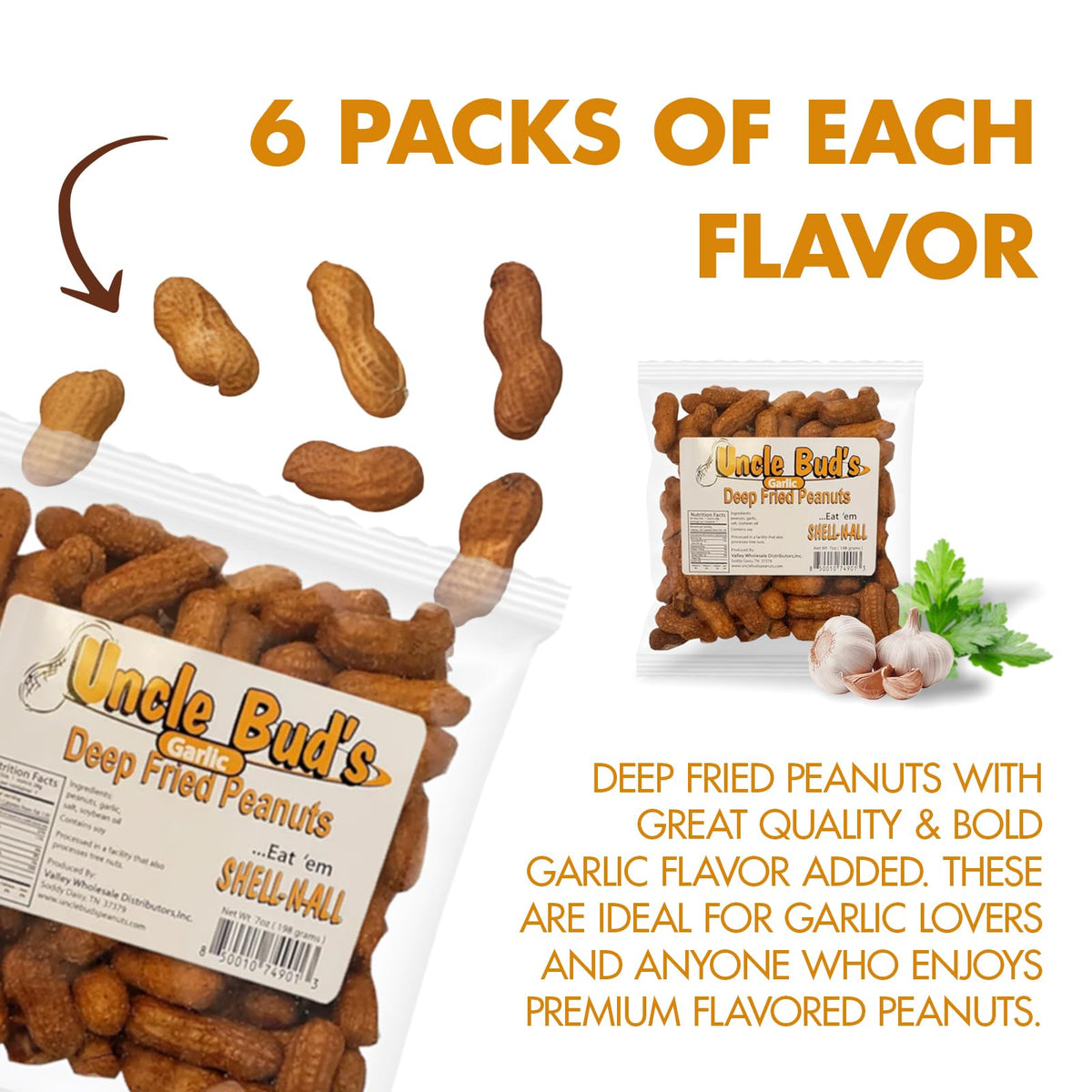 Jerky-n-Spice Uncle Buds Deep Fried Peanuts In Shell 6-Pack - Crunchy Garlic, Hot & Spicy, Organic, Salted Snacks