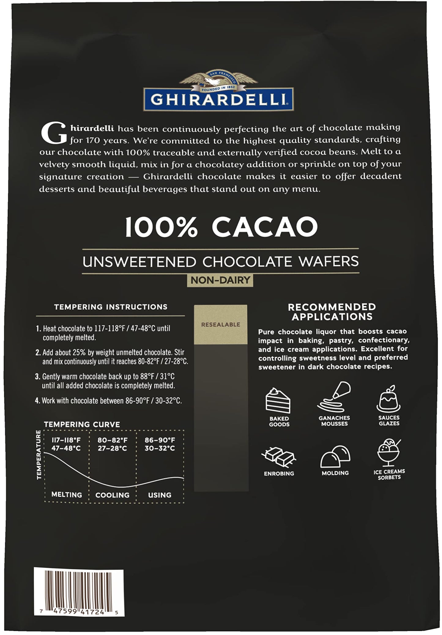 Ghirardelli Unsweetened Wafers, 5 lb Bag, Dark Brown, Includes Stamped Barista Spoon