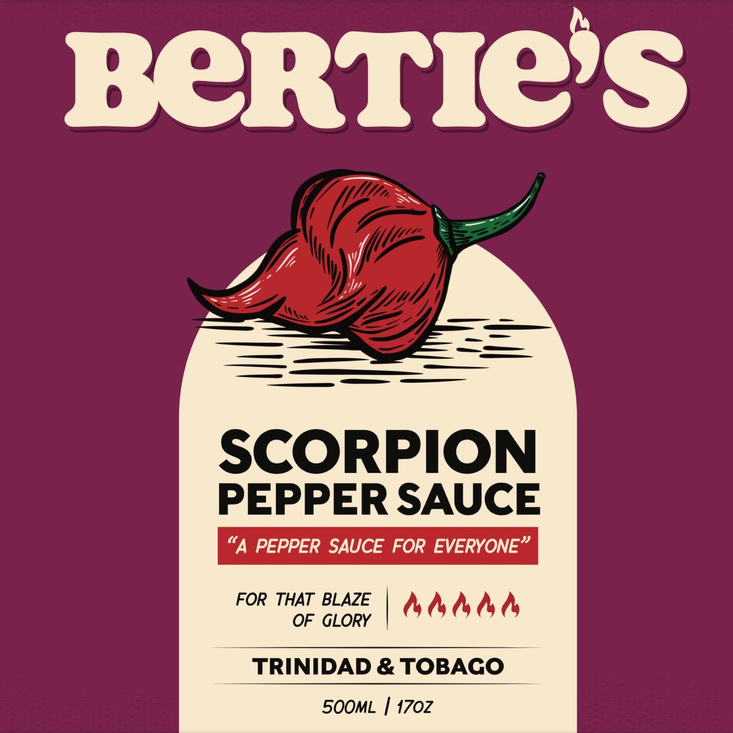 Bertie's Trinidad Scorpion Pepper Sauce - Insane Heat, 10 Oz (300ml) - Strong Flavor for Spice Lovers