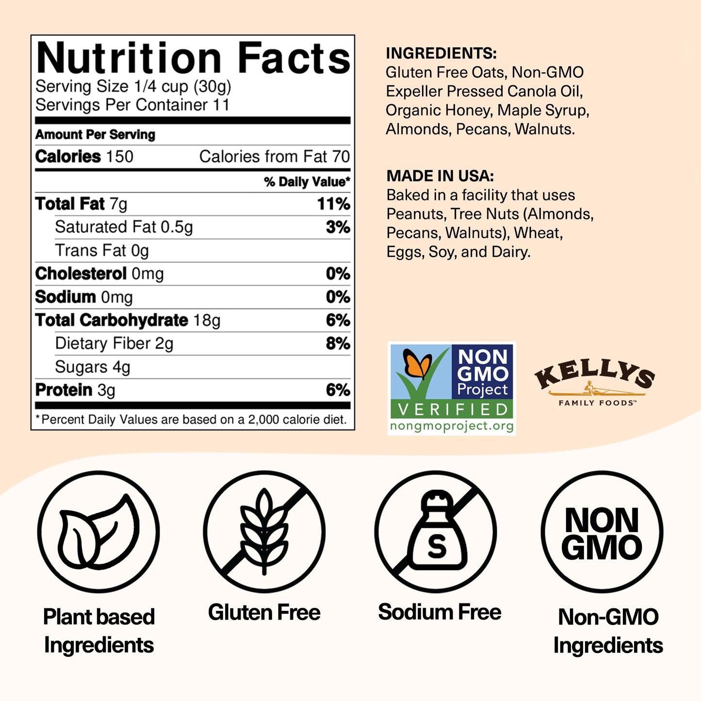 Kellys Four Plus Granola Cereal - Nutty Organic Snacks for Yogurt, 12 oz (Pack of 4)