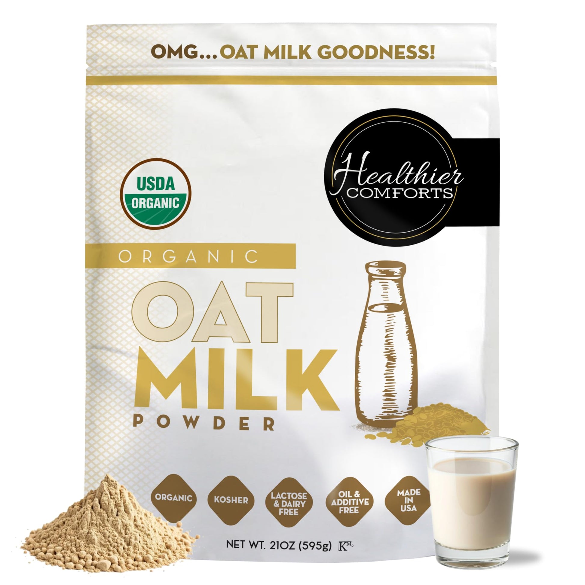 Healthier Comforts Oat Milk Powder - Gluten-Free, Vegan, USDA Organic, 21oz