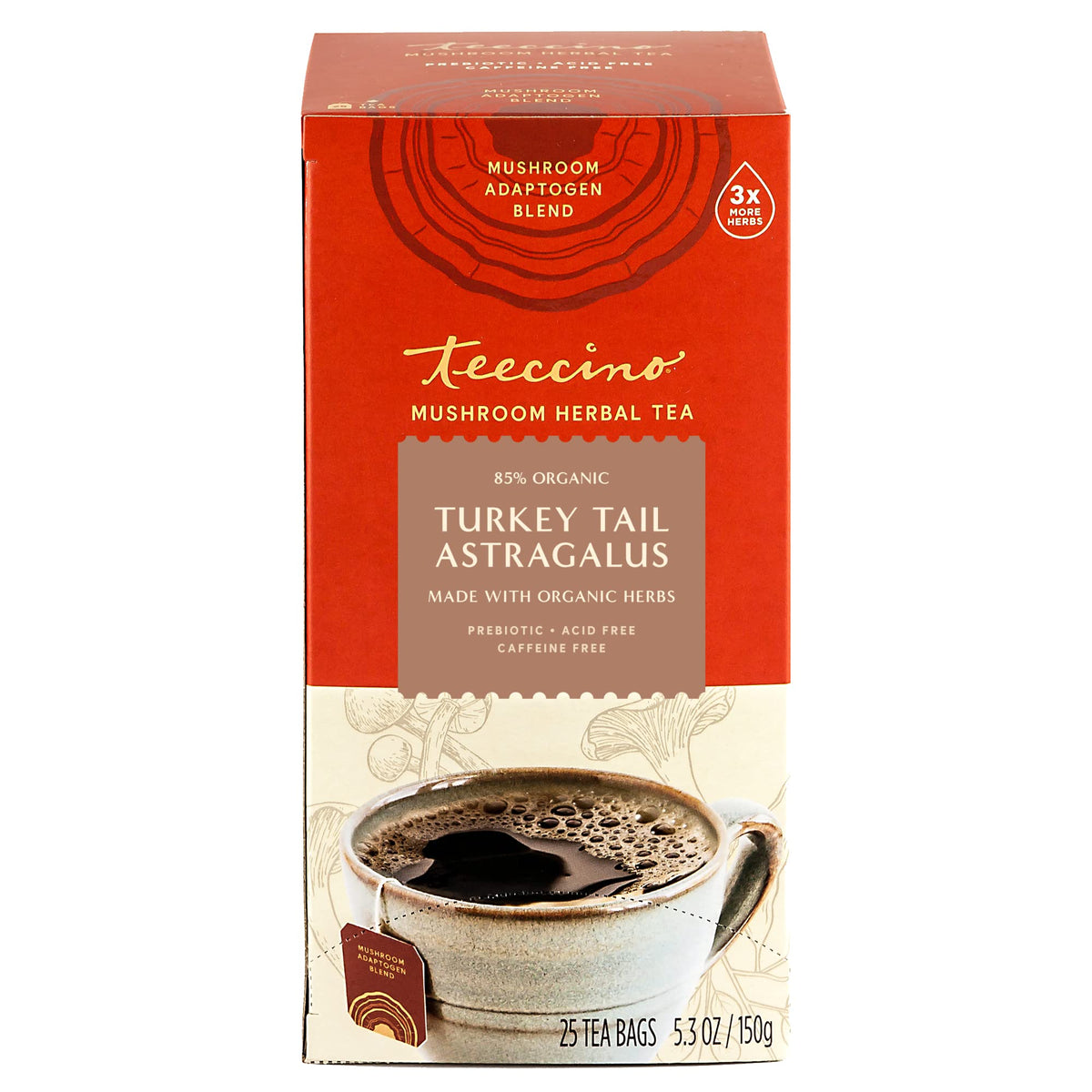 Teeccino Mushroom Herbal Tea - Turkey Tail & Astragalus - Caffeine Free, Prebiotic - 25 Tea Bags