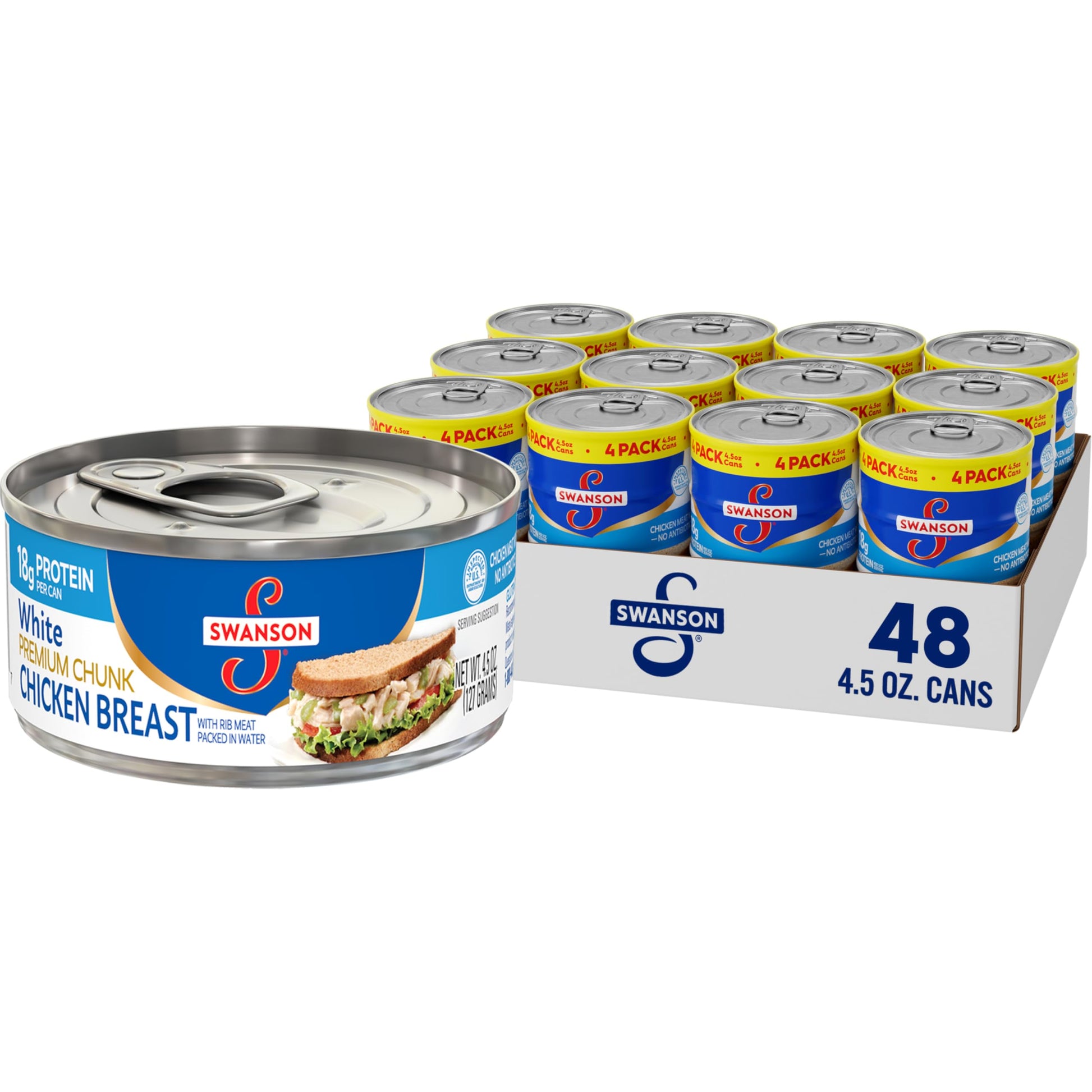 Swanson White Premium Chunk Canned Chicken Breast in Water, Fully Cooked Chicken, 4.5 OZ Can (12 Packs of 4 Cans)