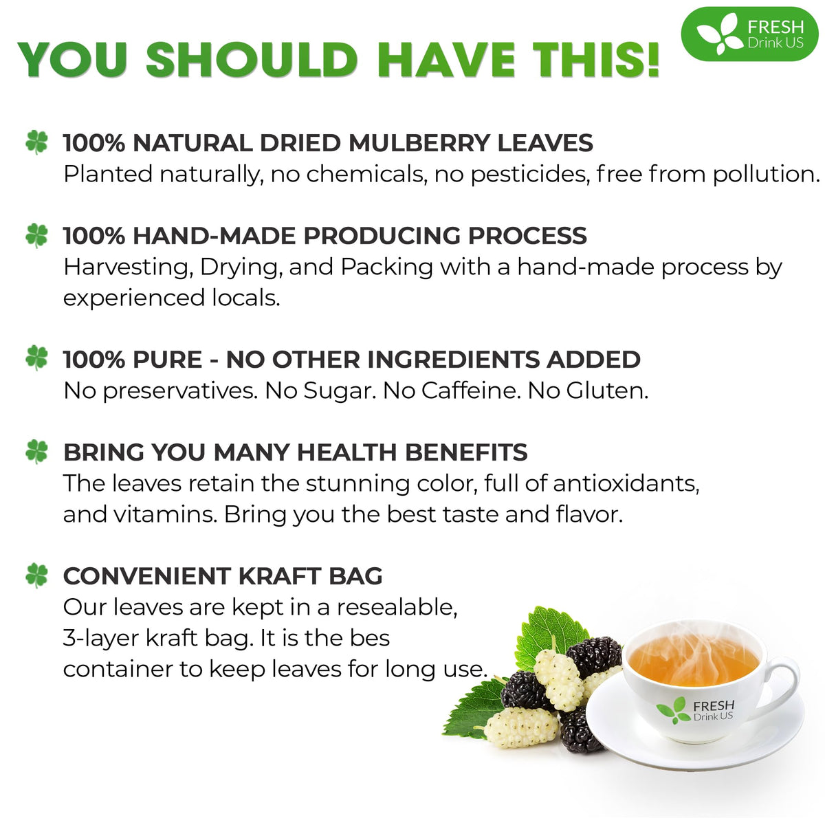 Freshdrinkus, Permium 8Oz Mulberry Leaves, 100% Natural & Pure From Mulberry Leaves, Loose Leaf Herbal Tea, No Additives, No Caffeine, Vegan
