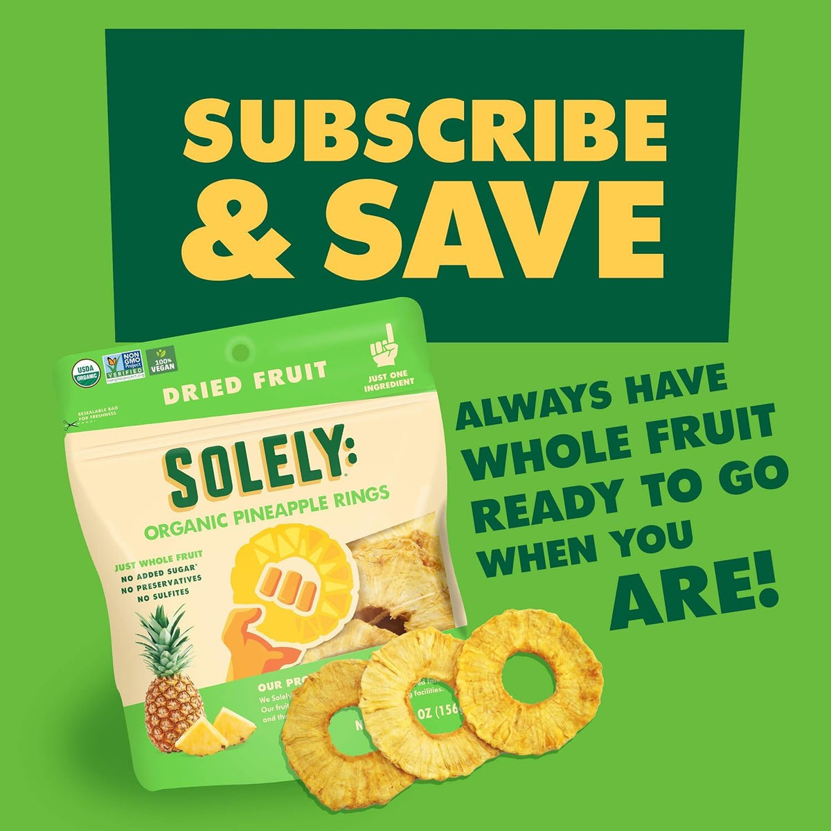 Solely - Organic Dried Pineapple Rings (3.5 Oz Resealable Bags, Pack Of 4) - Real Fresh Fruit - 1 Ingredient - Healthy Snacks For Mature-Themeds & Kids - Non Gmo, Vegan Snacks, Shelf Stable - 4 Bags (14 Oz)
