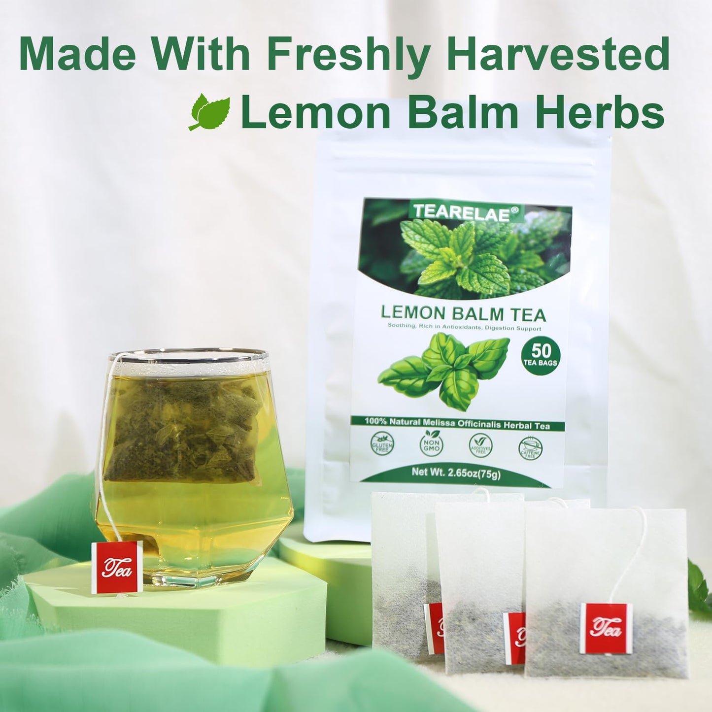 TEARELAE Lemon Balm Tea Bags - Caffeine-Free, Non-GMO - 50 Count