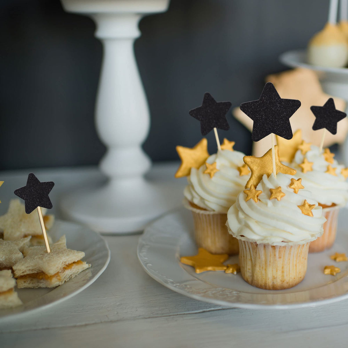 Gyufise 42Pcs Mixed Size Black Little Star Cupcake Toppers Glitter Twinkle Star Cupcake Picks Wedding Engagement Bridal Shower Baby Shower Birthday Party Cake Decorations Supplies
