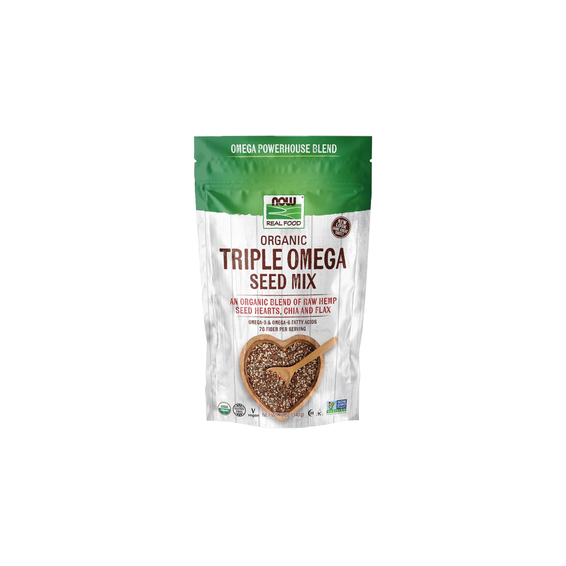 NOW Foods, Organic Triple Omega Seed Mix, Raw Hemp Seed Hearts, Chia and Flax, Omega3 and 6 Fatty Acids, Source of Fiber, Prote