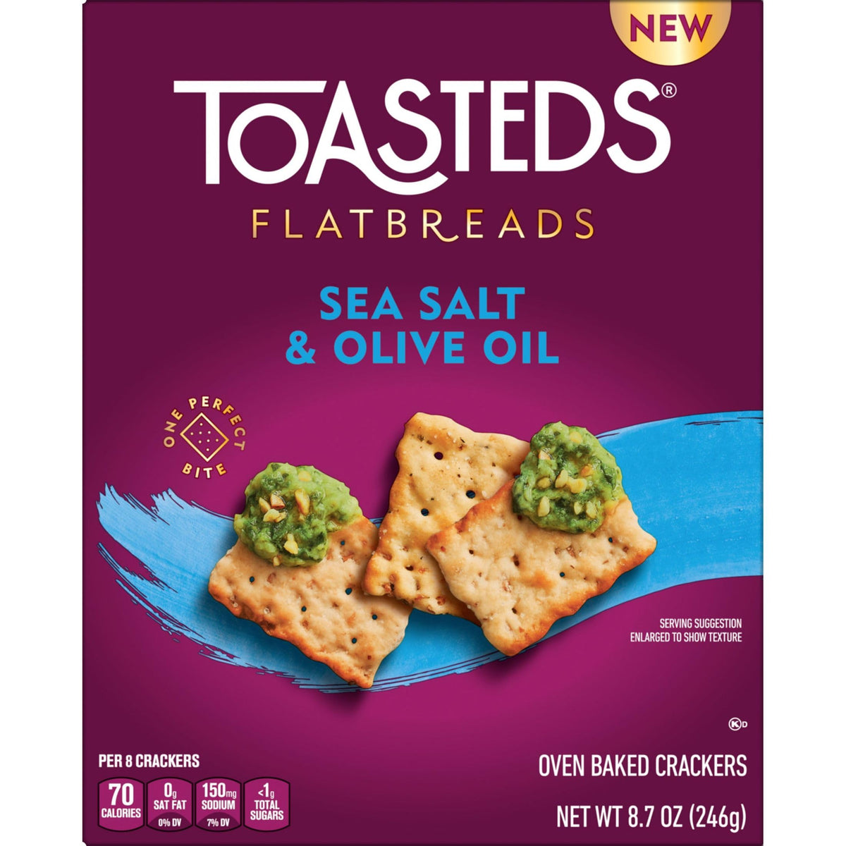 Toasteds Flatbreads Crackers, Party Snacks, Lunch Snacks, Sea Salt And Olive Oil (12 Boxes)