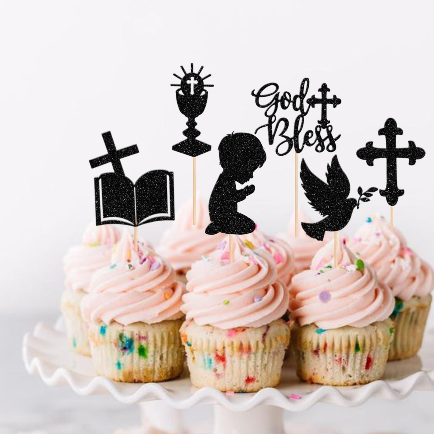 ZHUOWEISM 24 PCS Cupcake Toppers Glitter Dove Cross Boy Baptism Party Decorations Small Black Bamboo
