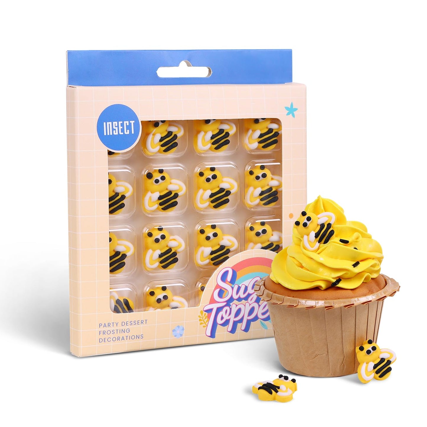 Milovin Edible Bee Cake Decorations, 16 pcs for Cupcakes, Ice Cream, Cookies, Macaron - Yellow Bee