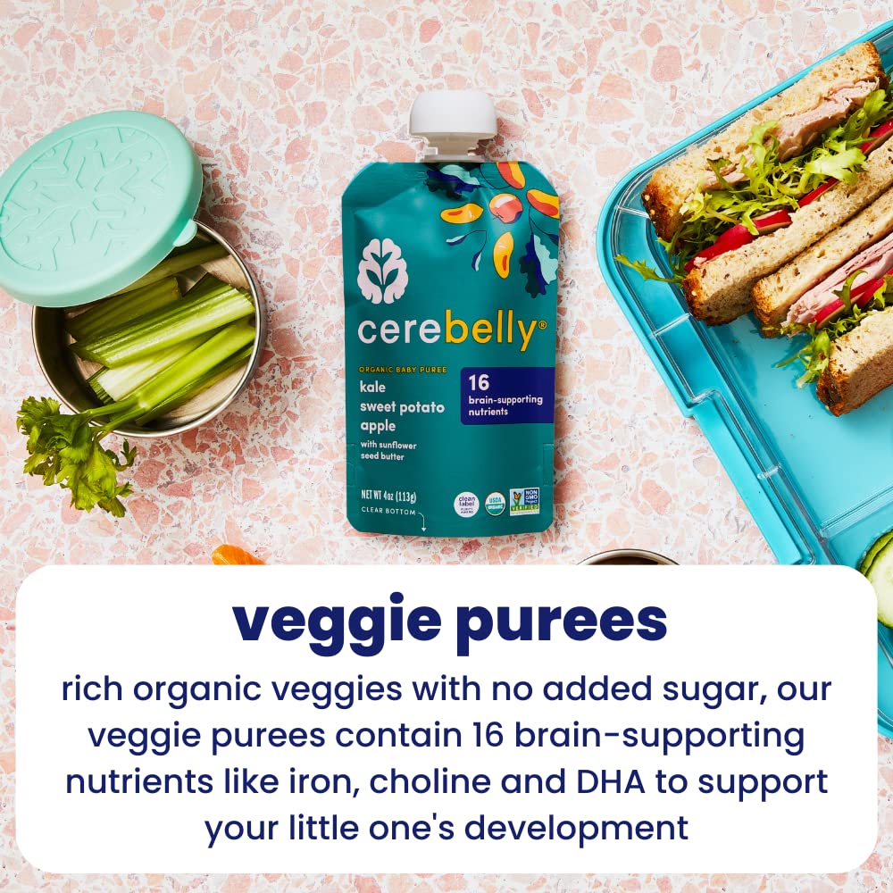 Cerebelly Organic Baby Food Pouches, Kale Sweet Potato Apple Purees, 16 Nutrients, No Added Sugar, Fiber & Non-GMO, 4oz, 12 Pack