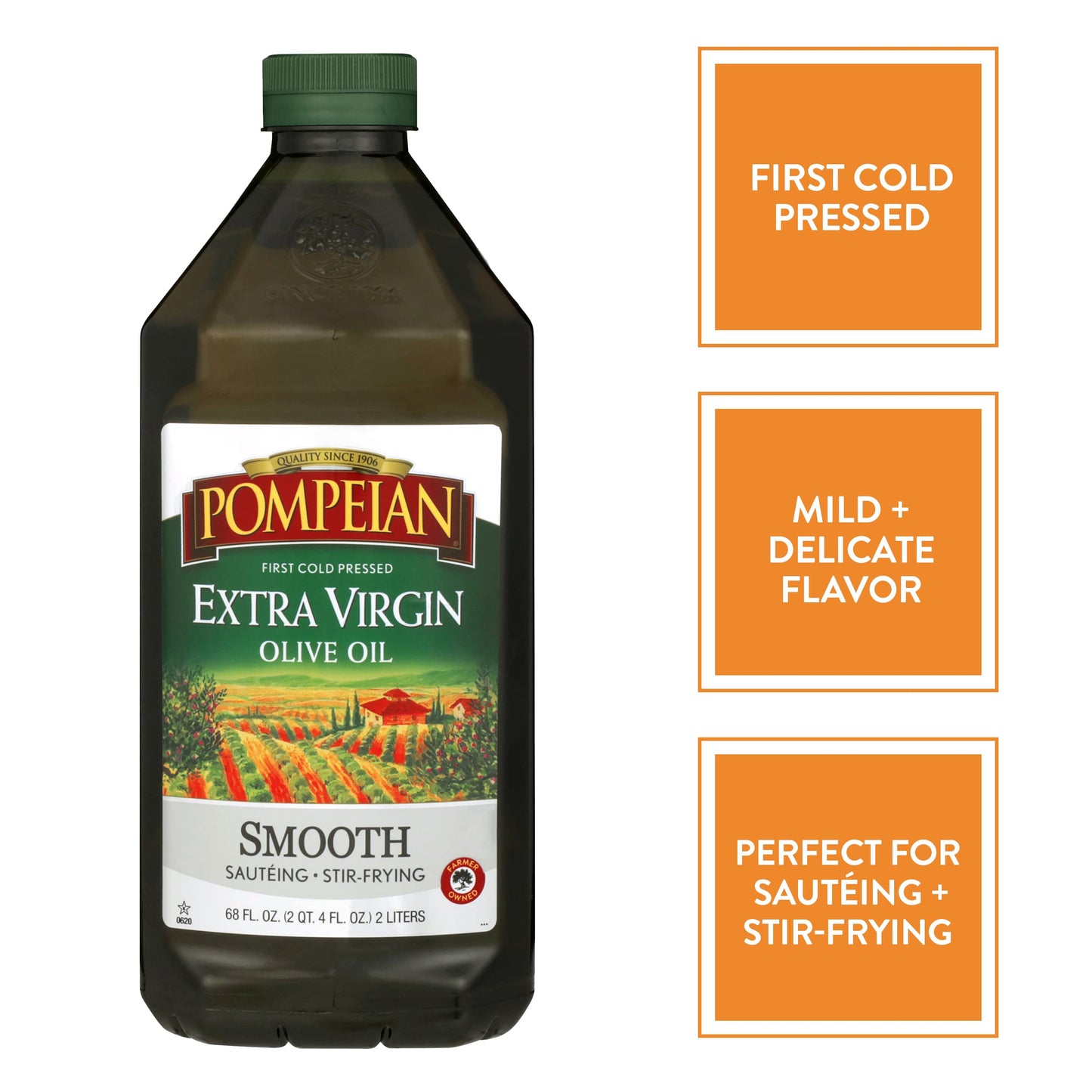 Pompeian Smooth Extra Virgin Olive Oil, Contains Polyphenols, First Cold Pressed, Mild And Delicate Flavor, Perfect For Sauteing & Stir-Frying, Naturally Gluten-Free, Non-Gmo, 68 Fl Oz, Single Bottle