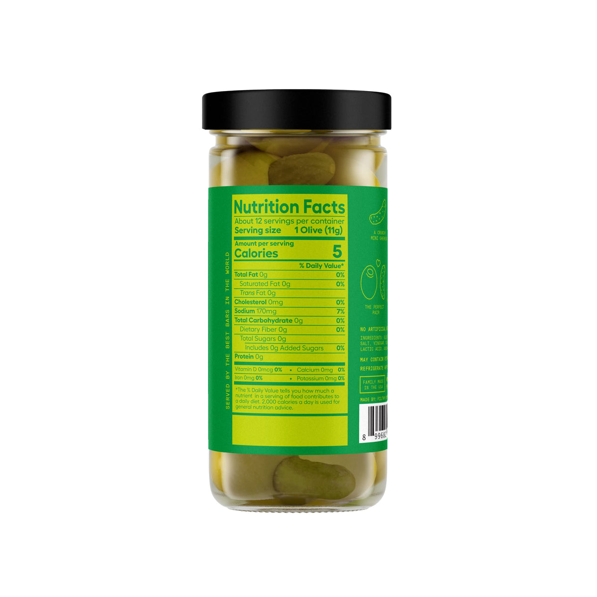 Filthy Food Pickle Stuffed Olives, Premium Cocktail Garnish, 8.5 Oz Jar, Green, 12 Olives