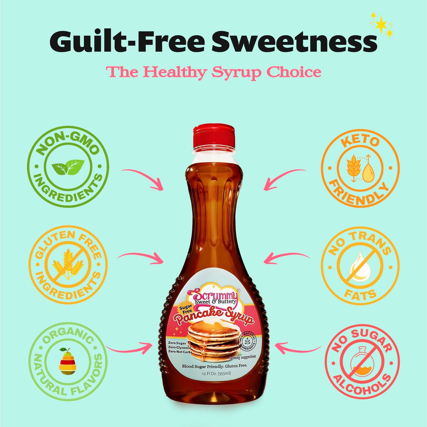 Scrummy Sweet & Buttery Sugar Free Pancake Syrup - Zero Sugar, 0g Net Carbs, Diabetic Friendly, Keto Certfied Breakfast Syrup fo