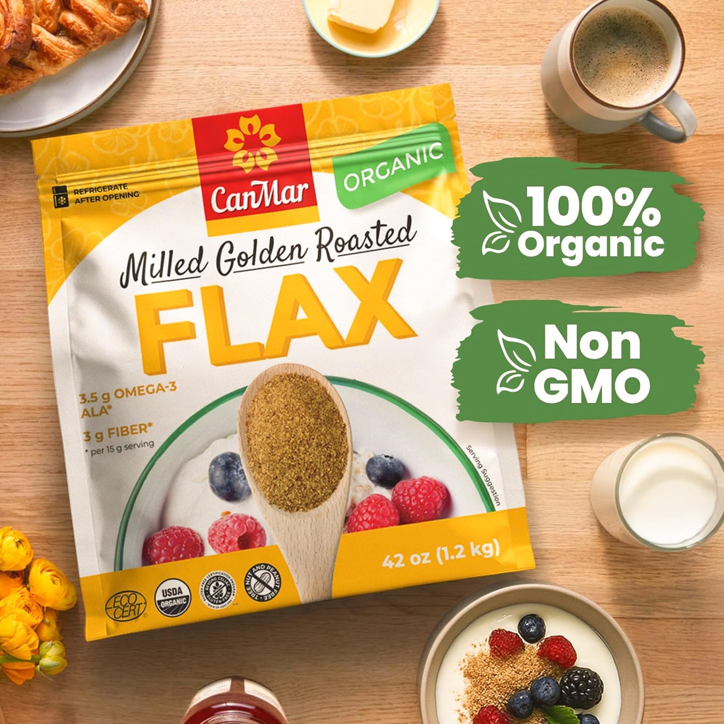CanMar Ground Milled Golden Roasted Organic Flaxseed, 42 oz - Vegan, Non-GMO, Gluten Free - Flaxseed Meal with Omega-3, Fiber -