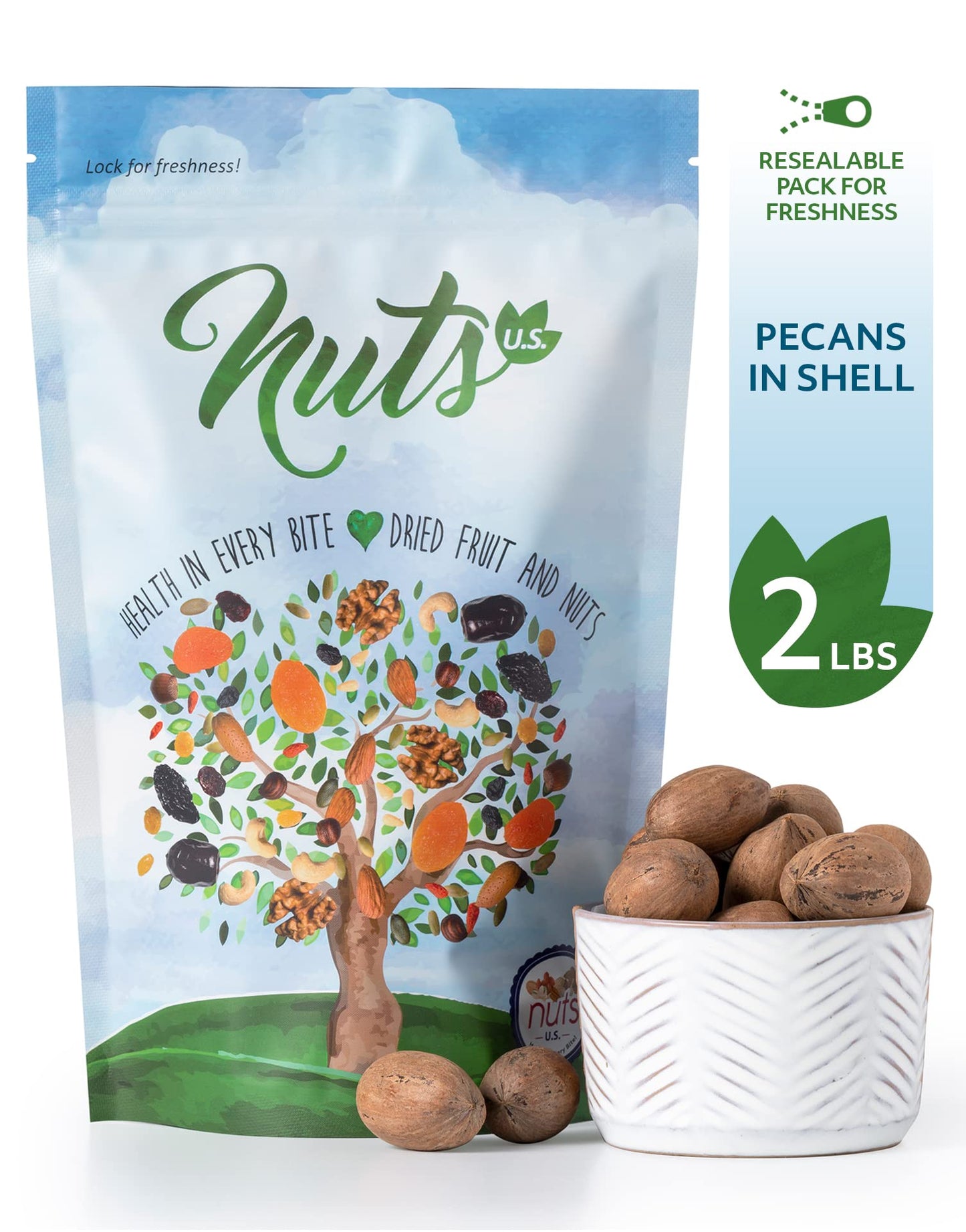 NUTS U.S. Pecans In Shell, Whole Raw Unsalted, 2 lbs Resealable Bag