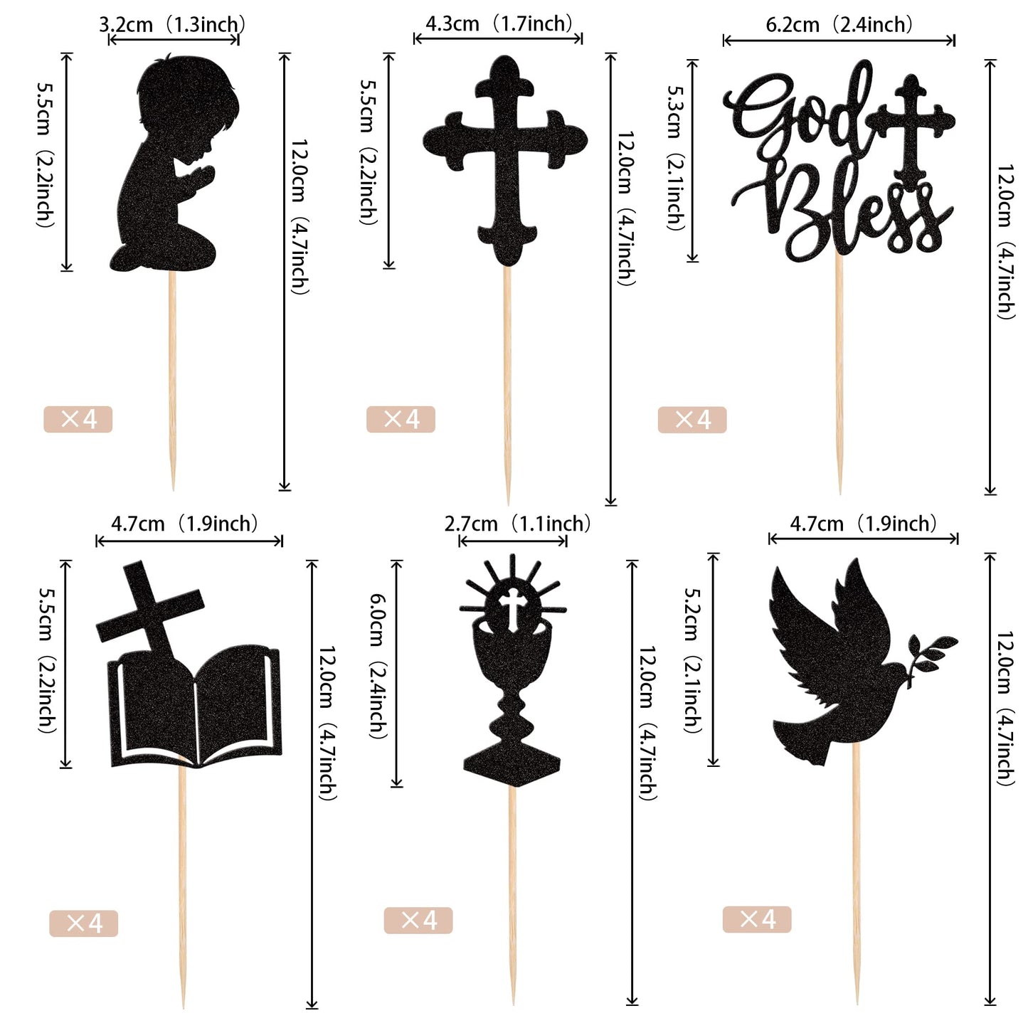 ZHUOWEISM 24 PCS Cupcake Toppers Glitter Dove Cross Boy Baptism Party Decorations Small Black Bamboo