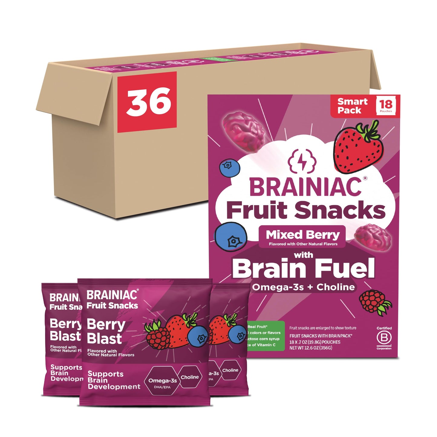 Brainiac Fruit Snacks, Mixed Berry, Brain Boosting Patented BrainPack Ingredients with Omega-3s DHA/EPA and Choline, Functional 