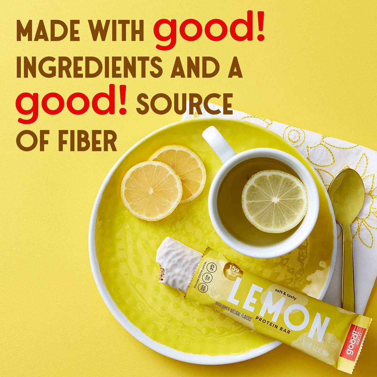 Good! Snacks Vegan Lemon Protein Bar | Gluten-Free, Plant Based, Low Sugar, Kosher, Soy Free, Non Gmo | 15G Protein (12 Bars)