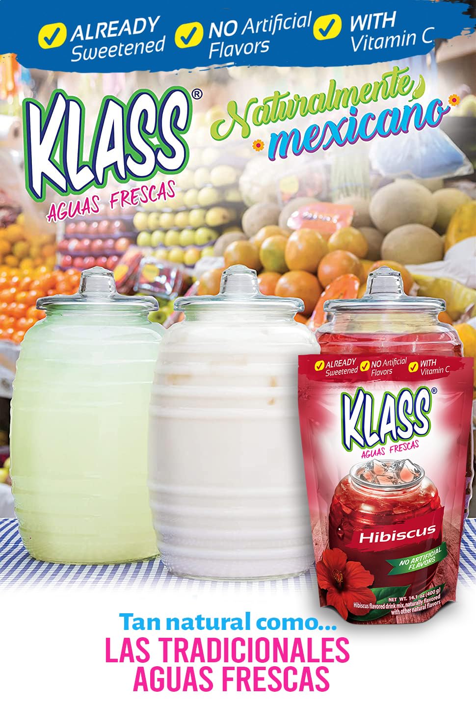 Drink Mix Hibiscus | Klass Aguas Frescas | Flavors From Natural Sources, No Artificial Flavors, With Vitamin C (Makes 7 to 9 Qua