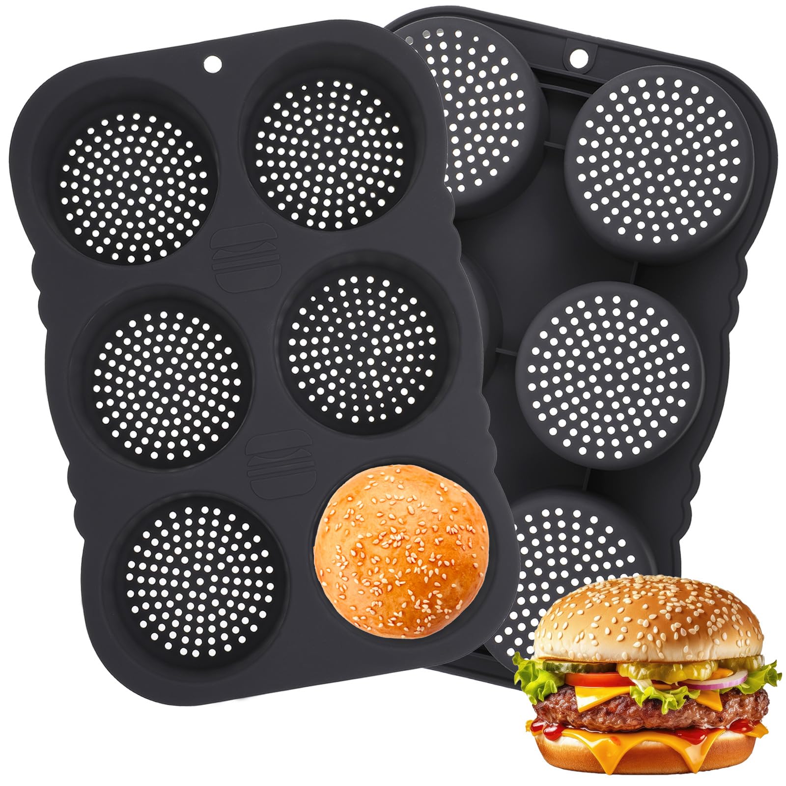 JOUTYFOR 2 Pcs Hamburger Bun Pan, 4 Inch Silicone Hamburger Bun Mold, 6 Cup Big Baking Pan for Homemade Buns, Dishwasher Safe