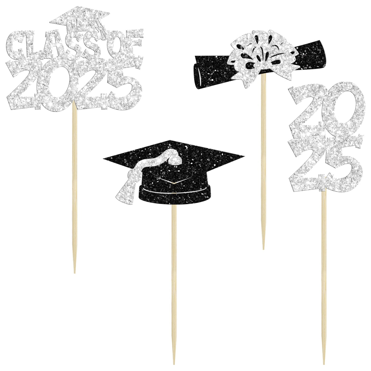 Ephlyn Cupcake Toppers 36Pcs Glitter Graduation Theme Class of 2025 Silver