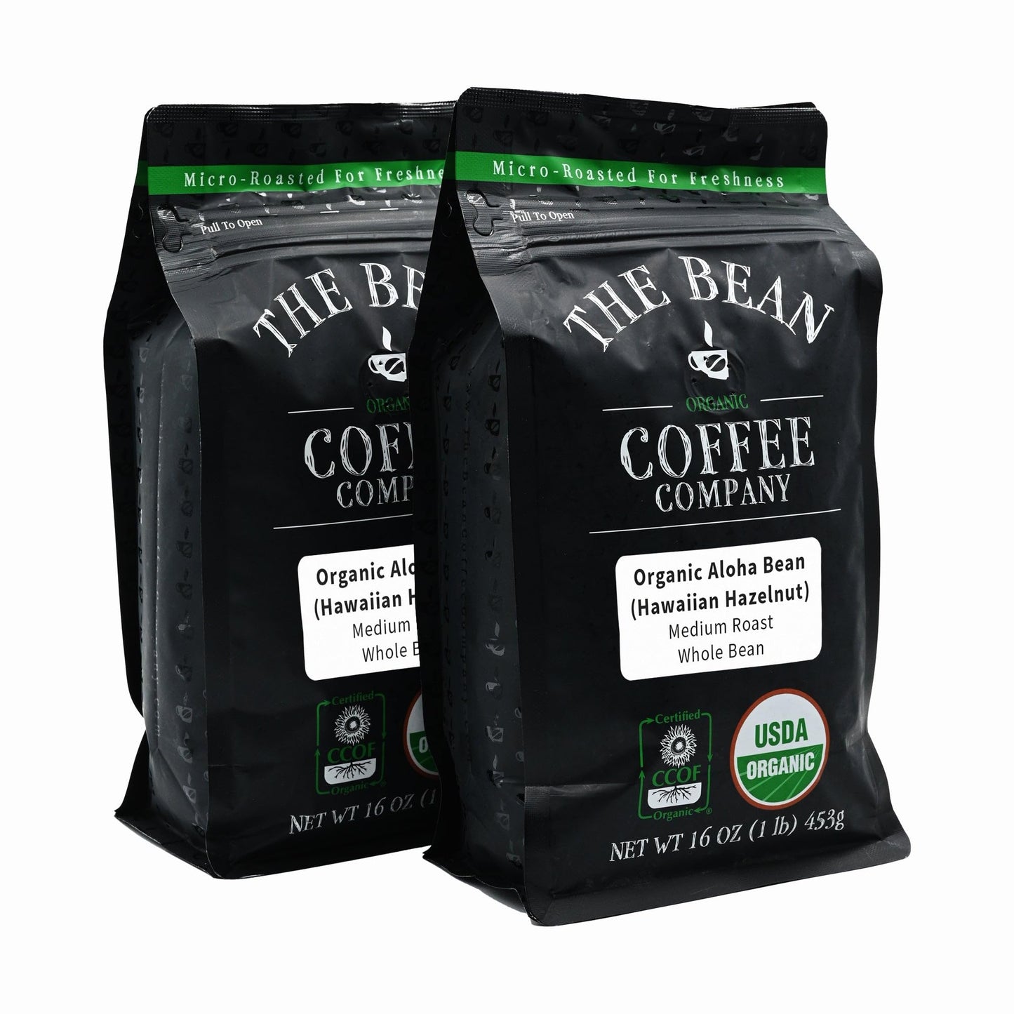 The Bean Organic Coffee Company Aloha Bean (Hawaiian Hazelnut), Medium Roast, Whole Bean Coffee, 16-Ounce Bags (Pack Of 2)