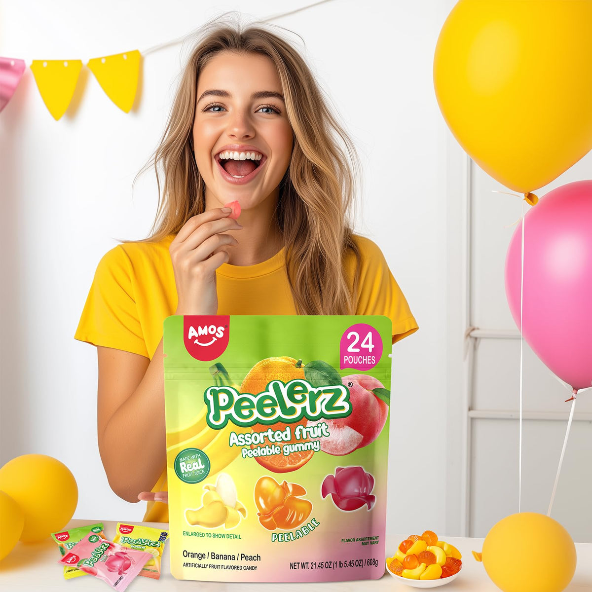 Amos Peelerz Assorted Peelable Gummy - Tropical Peeling Candy Variety Pack | Banana  Orange & Peach | 24 Individual Packs (608g) | Fun  Chewy & Shareable Treat