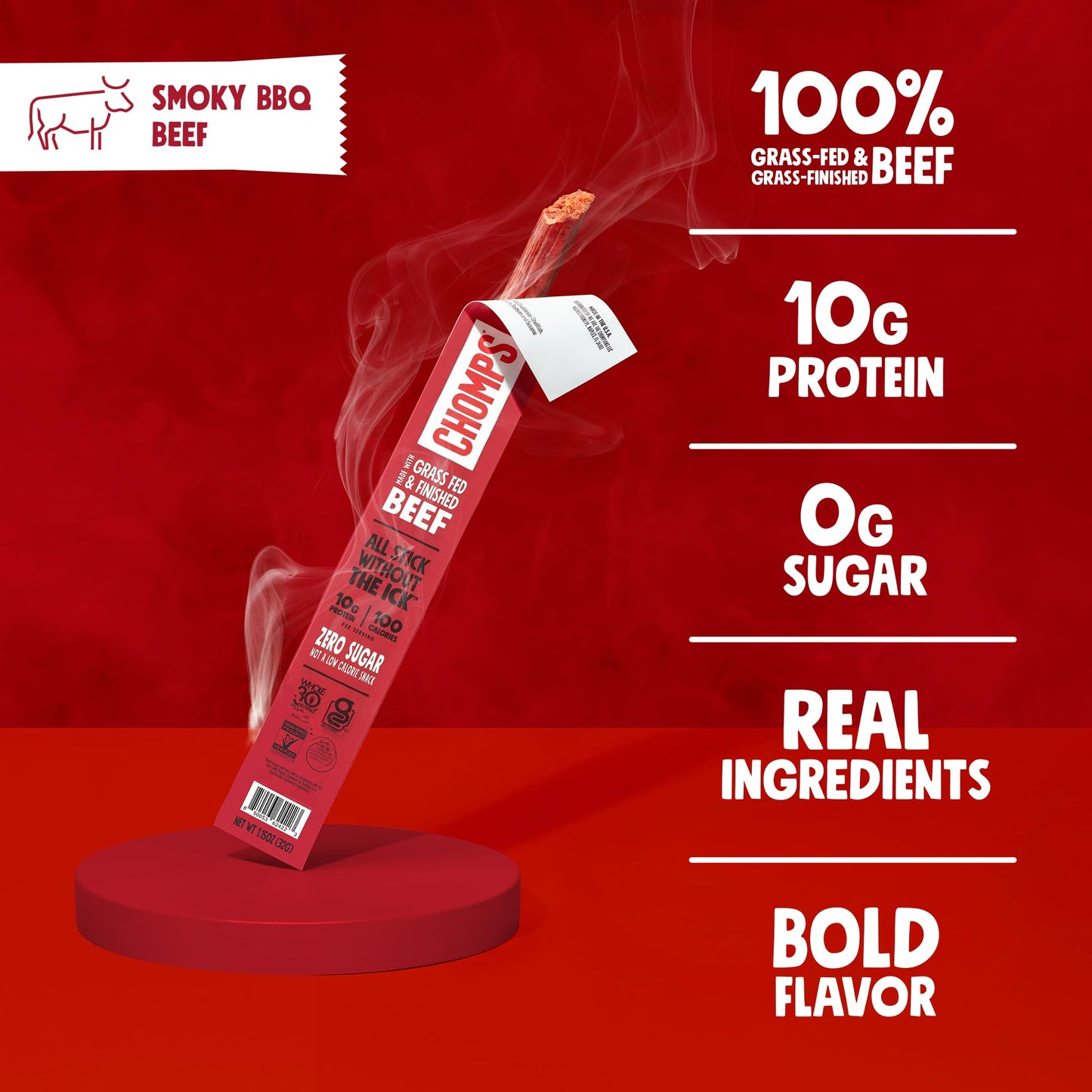 Chomps Beef Jerky Snack Sticks, Smoky BBQ, 24-Pack, 1.15 Ounce Each, Gluten-Free, Zero Sugar, Keto, Paleo, Non-GMO