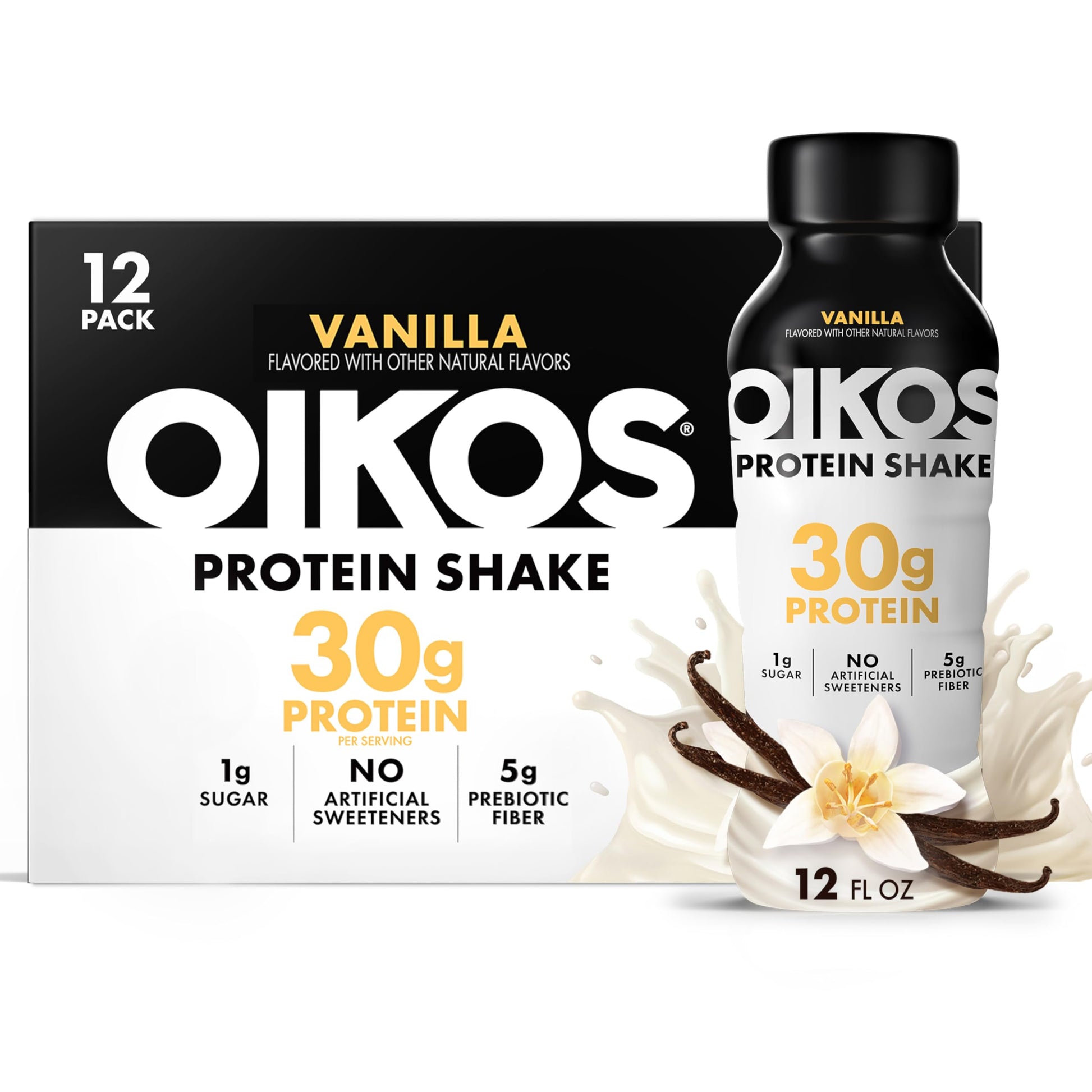 Oikos Protein Shake  Vanilla  30g High Protein Drinks  Shelf Stable  Ready to Drink  5g Prebiotic Fiber  12 fl oz Bottle  12 Count