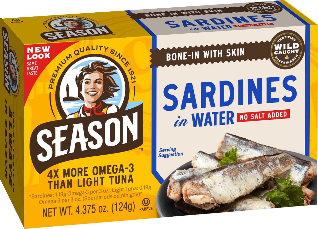 Season Sardines in Water - No Salt Added, Wild Caught, 22g of Protein, Keto Snacks, More Omega 3 s Than Tuna, Kosher, High in C