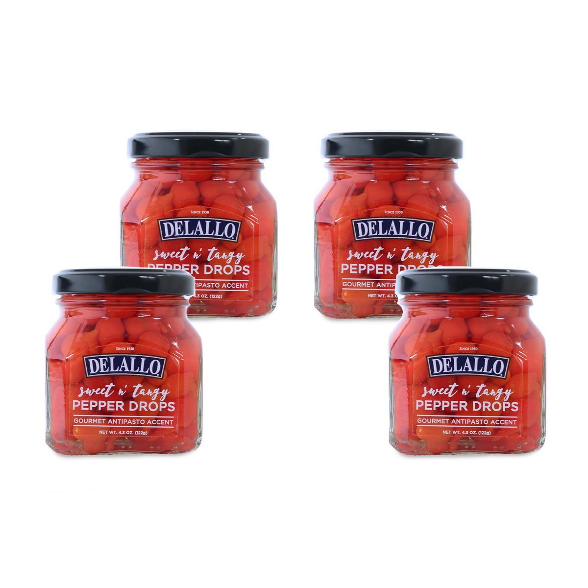 DeLallo Sweet & Tangy Pepper Drops, Red Peruvian Mini Peppers, Non-GMO, Vegan, Kosher, 4.3 oz Jar, Pack of 4