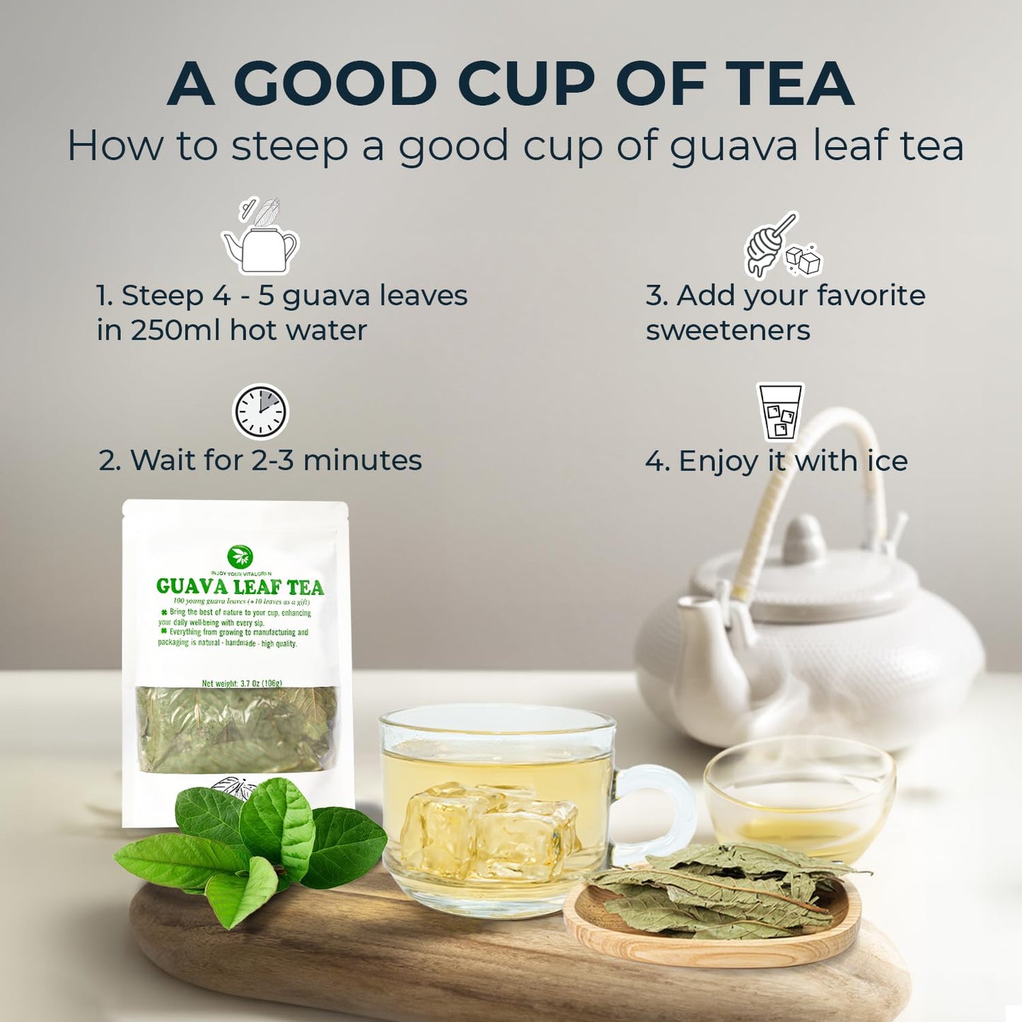 INJOY YOUR VITALGRI:N Young Guava Leaf Tea, 100+ Dried Whole Leaves, Caffeine Free, 3.39 oz, Vacuum Sealed, Herbal Tea