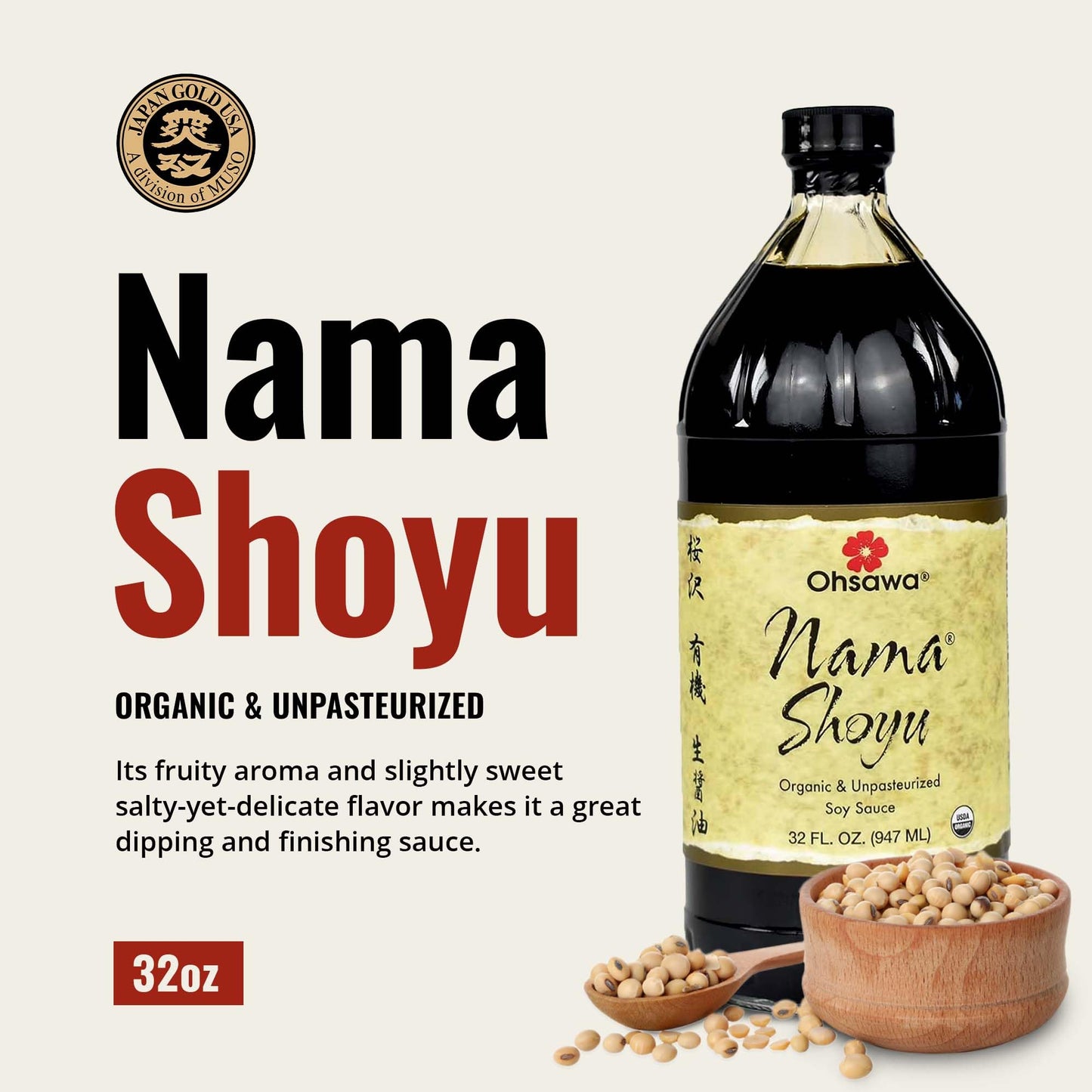 Ohsawa Nama Shoyu, Organic and Aged in 150 Year Cedar Kegs for Extra Flavor - Japanese Soy Sauce, Non-GMO, Vegan, Kosher - 32 oz